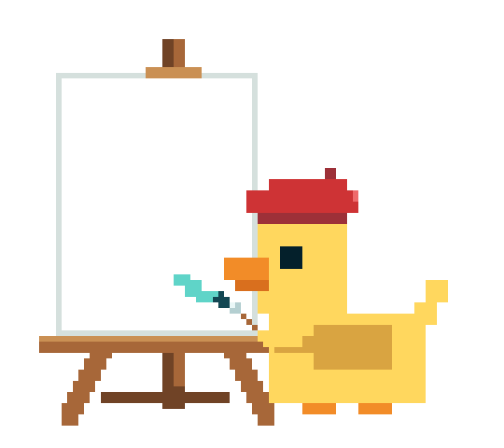 Quill, the yellow pixel duck, wearing a beret, standing to the right of an easel and facing left to paint on its white canvas with a short brush.